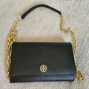 Black Tory Burch Clutch with removable gold chain.